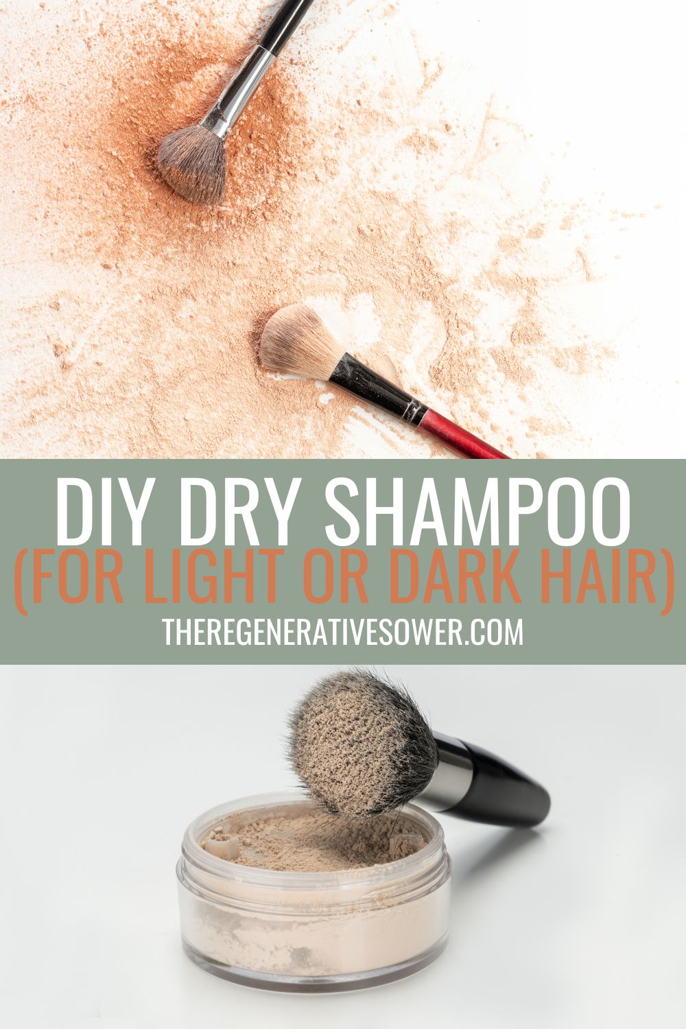Dark hair DIY dry shampoo scattered on white background with two makeup brushes. Makeup brush resting on jar of DIY dry shampoo. 
