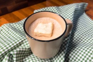 brown mug filled with hot cocoa and topped with a homemade marshmallow with a green and white checked towel in the background