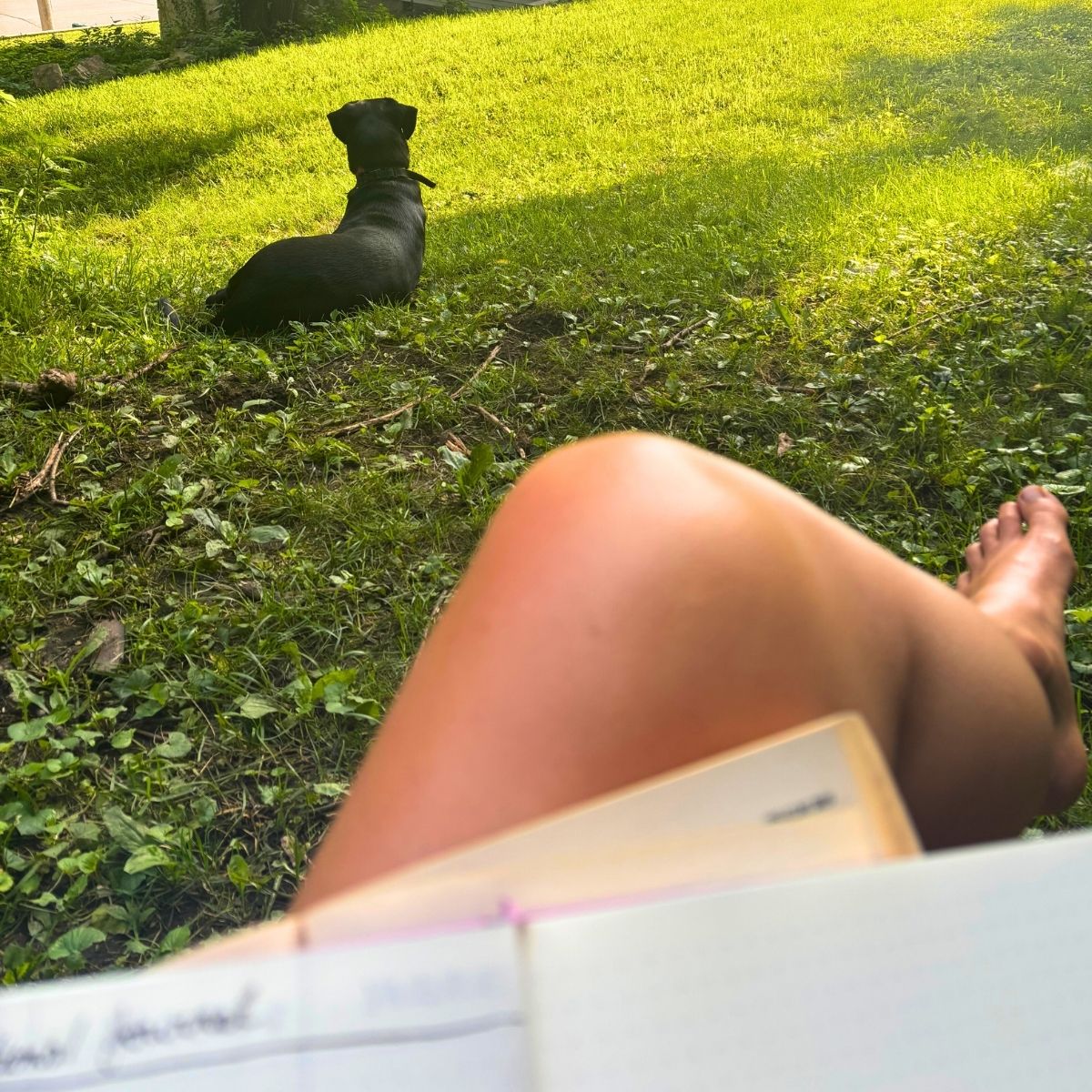 woman doing morning routine of journaling outside with a black dog sitting at her feet