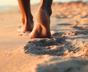 woman's feet walking through the sand on a beach