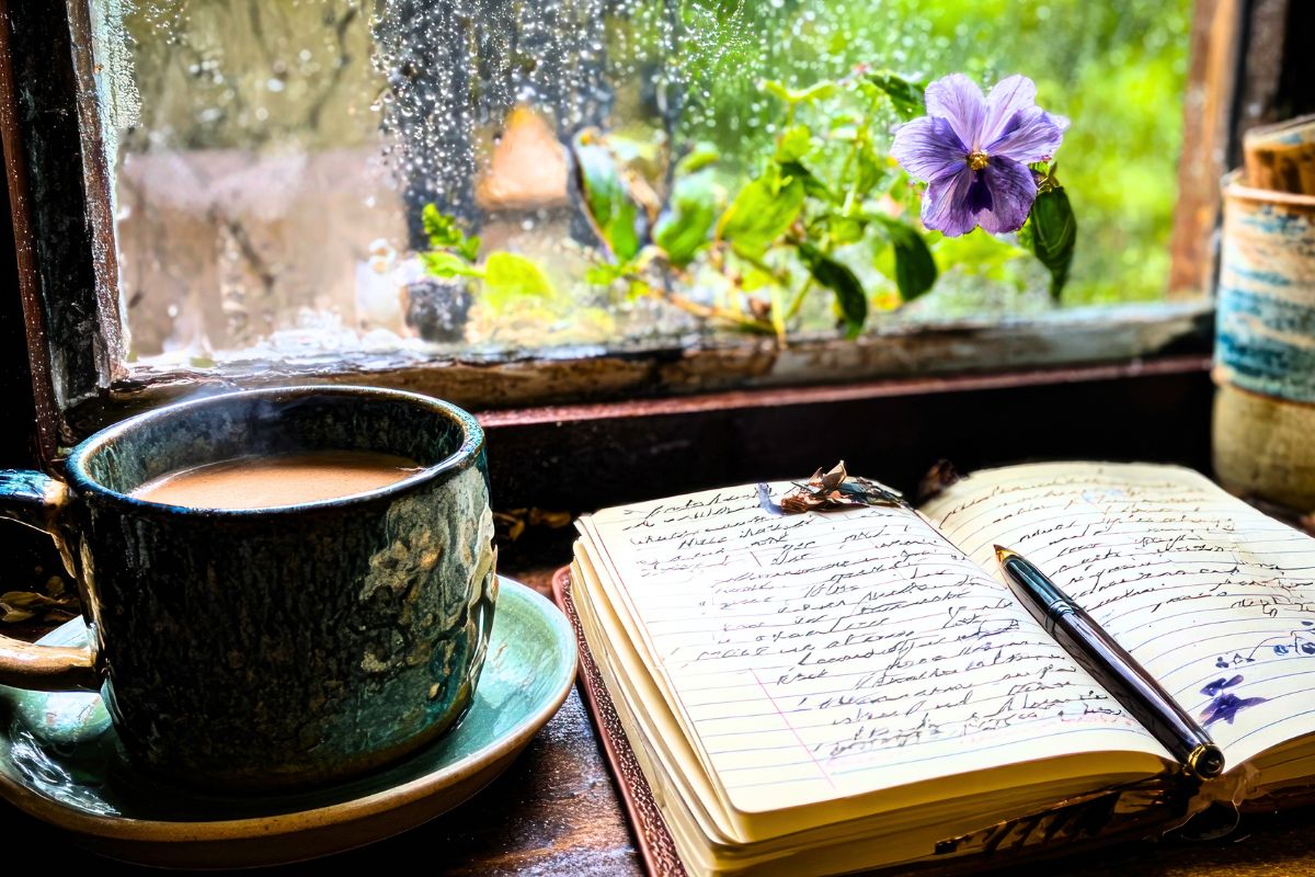 journal and green mug of coffee sitting next to a window where it's raining outside with a purple flower in the window