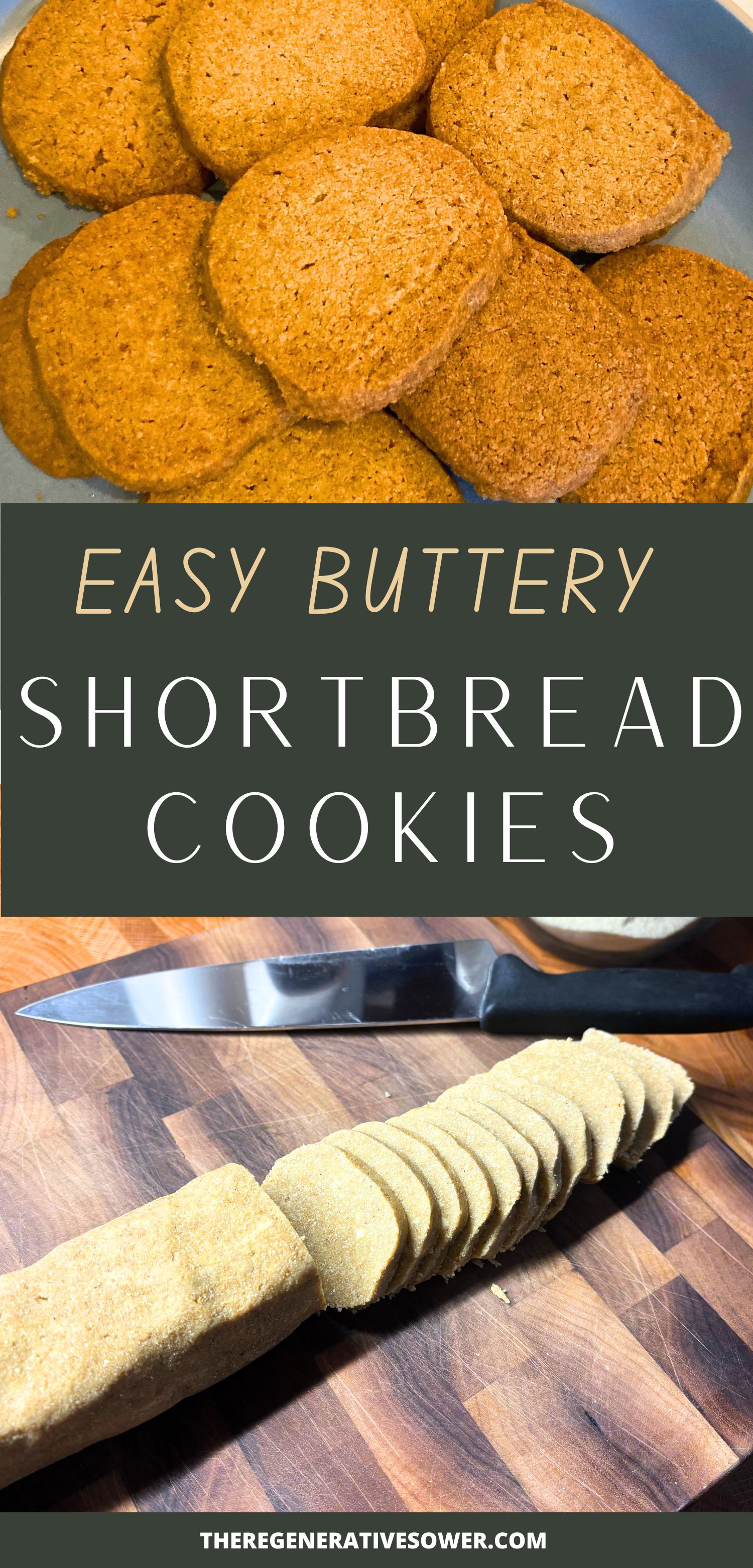 plate of easy shortbread cookies above shortbread cookie log with slices with text easy buttery shortbread cookies