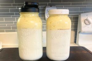 two half gallon mason jars filled with slow fermented kefir in which the cream has risen to the top sitting on a wooden cutting board