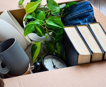 box of items to declutter including books mugs a plant a clock and some dishes