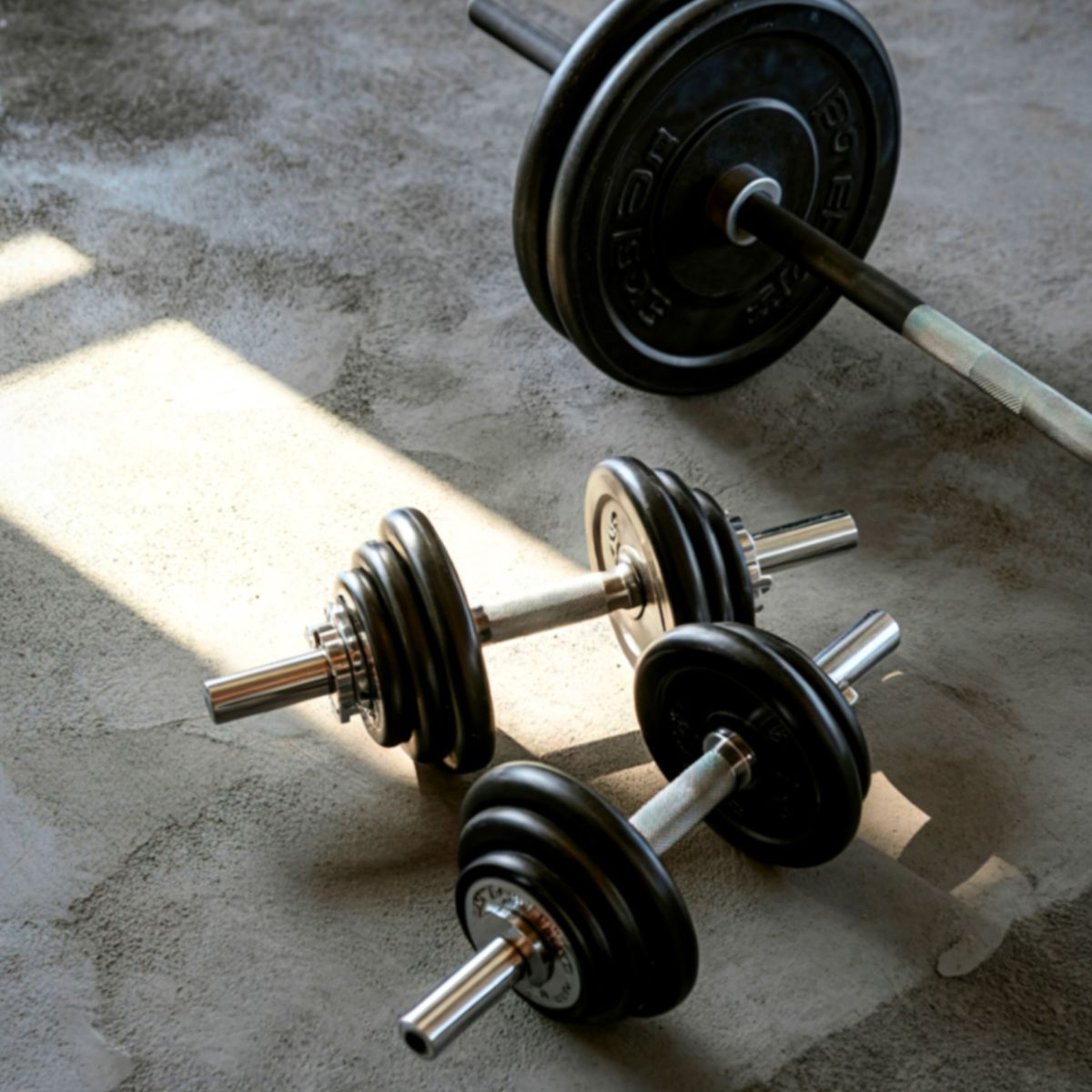 bar with weight on the floor next to two dumbbells